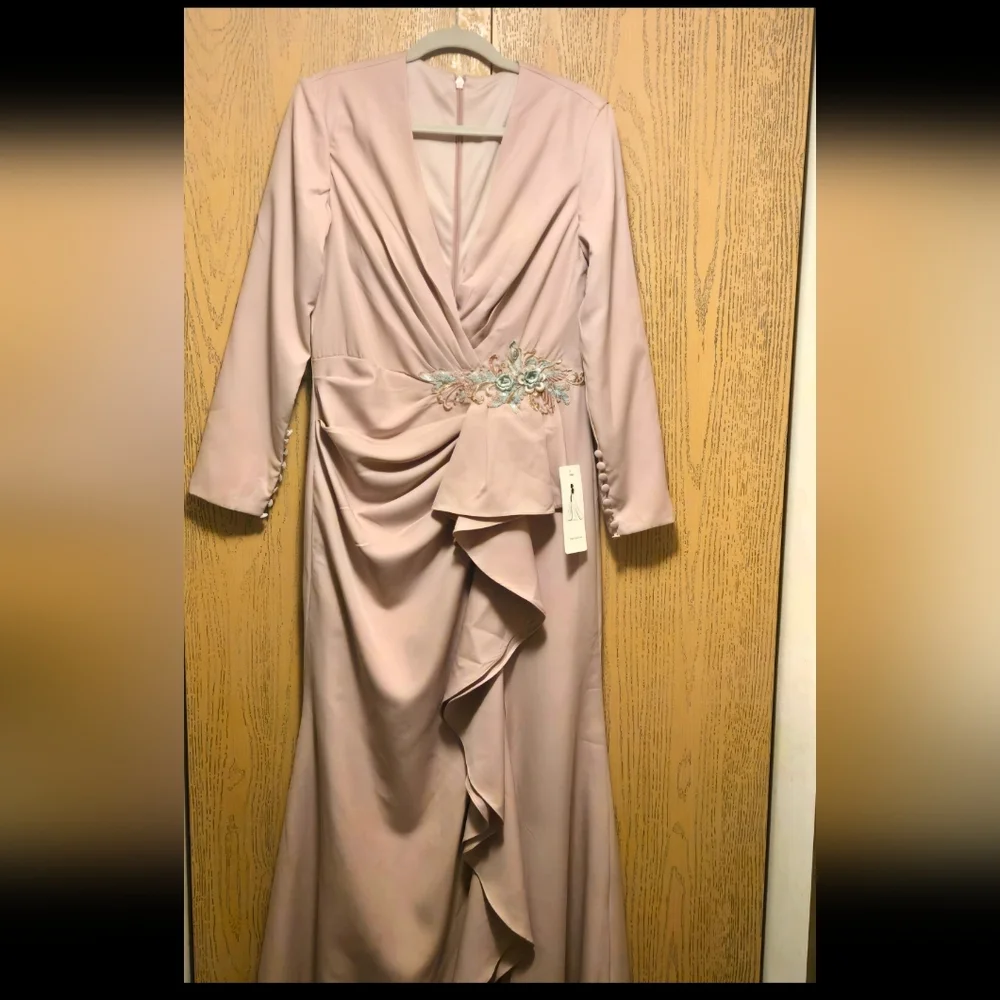 Mauve Long Sleeve Ruffle Maxi Gown | Beaded Waist Formal Dress - Picture 3 of 6